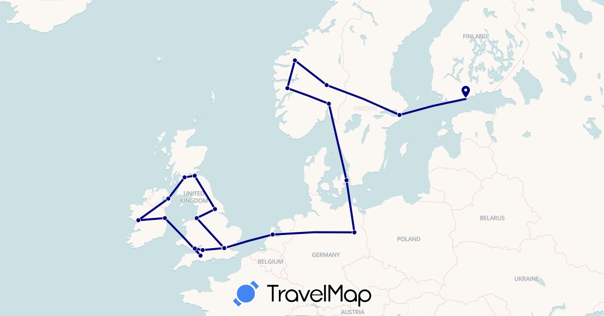 TravelMap itinerary: driving in Germany, Denmark, Finland, United Kingdom, Ireland, Netherlands, Norway, Sweden (Europe)
